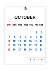 Clean october 2026 calendar page with days of the week and dates