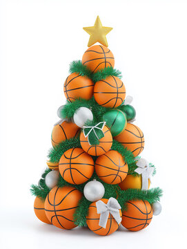 Basketballs are stacked in shape of Christmas tree with star on top. Pile of basketballs is decorated with tinsel, balls, and bows, like Christmas pine tree. Isolated on white background