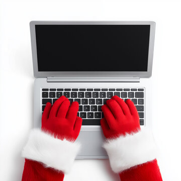 Santa Claus working on laptop. Santa's gloved hands press keys on open laptop. First person view, isolated on white background