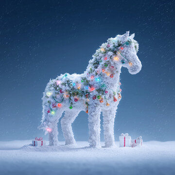 Horse sculpture made from snow with christmas decoration. Single snow sculpture of horse surrounded by gift boxes. Horse like symbol of 2026 Chinese New Year