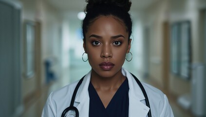 Profesional sanitaria joven con bata blanca, mirada directa y fondo cl&iacute;nico difuminado en un retrato realista