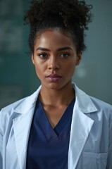 M&eacute;dica afrodescendiente en entorno hospitalario, posando con actitud profesional y luz suave en fondo desenfocado