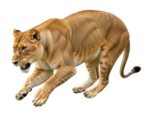 Running lioness in action nature scene wildlife isolated on transparent background