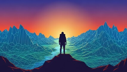 Astronaut standing on a mountain peak observing a surreal alien landscape at sunset.