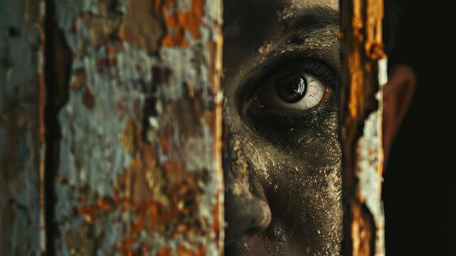 Close-up of person's eye peering from behind weathered door