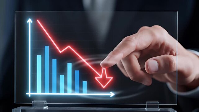 Man Touching Red Downward Arrow on Glass Chart with Blue Columns on Dark Background
