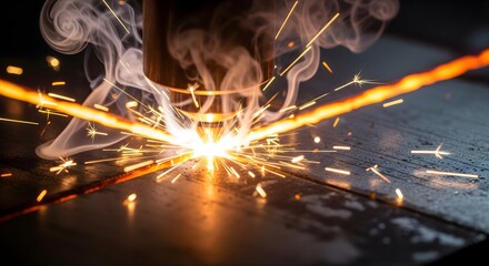 Industrial laser welding machine producing bright sparks smoke on dark metal background close up