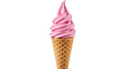 Delicious pink soft serve ice cream in crispy waffle cone isolated on a white background