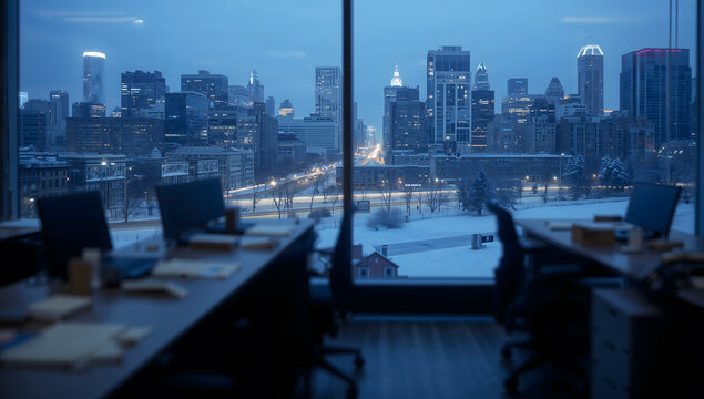 A quiet winter night view of the city skyline from an empty office window