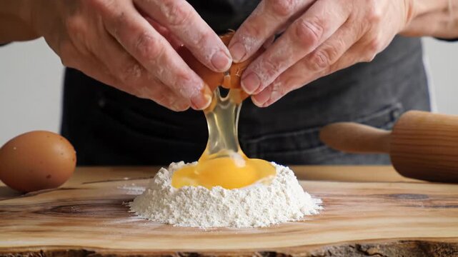 delicate flour-dusted hands gently crack a brown egg, vibrant yolk cascading into white flour on a rustic wooden board with bokeh. traditional home baking concept
