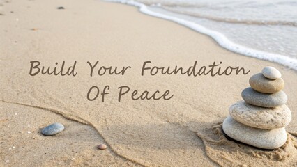 Calm beach scene with inspirational text about peace