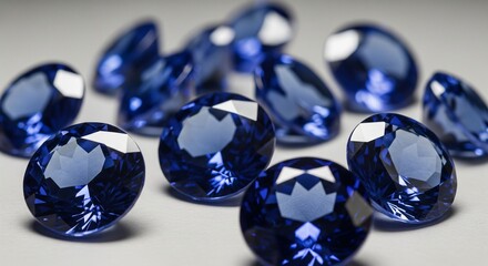 Close up shot of multiple oval cut blue gemstones arranged beautifully on white surface