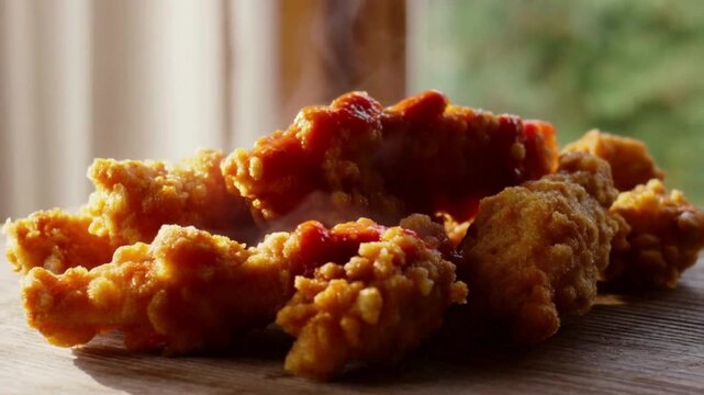A mouth-watering close-up of crispy, golden-brown fried chicken drumsticks and wings stacked on a wooden board, chilli hot sauce drizzling over them