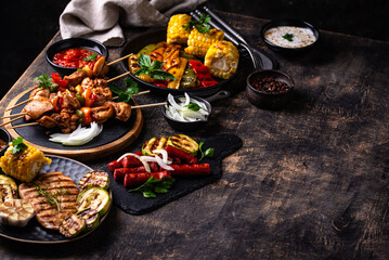 Assortment of grilled bbq meat and vegetables