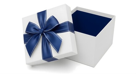 Open white gift box with blue ribbon and bow isolated on white background for christmas present