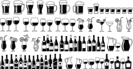 Black Silhouette Vector Collection of Alcoholic Drinks, Beer Mugs, Wine Glasses, Cocktail Cups, Bottles, Beverage Menu, Bar, Pub Icons.