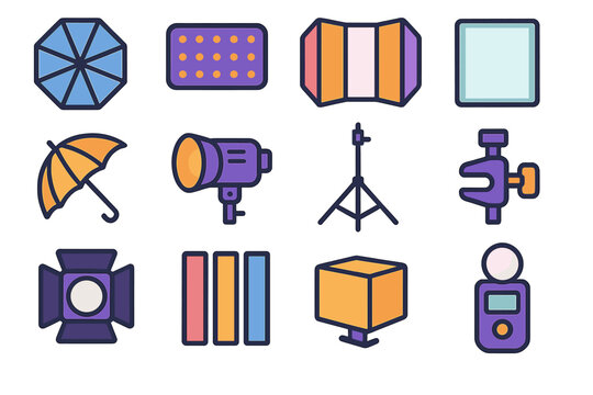 Modern Lighting Setup Icons. Lighting Setup Components flat set: octabox globe, pocket LED brick, tri-fold reflector, diffusion scrim, parabolic umbrella, monolight head,