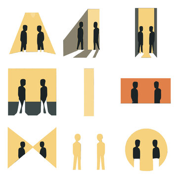 Dramatic Standoff Icons. Dramatic Standoff Icons pixel style set: spotlight divide, long shadow, narrow passage, tense silhouette, horizon standoff line, stark contrast bar,