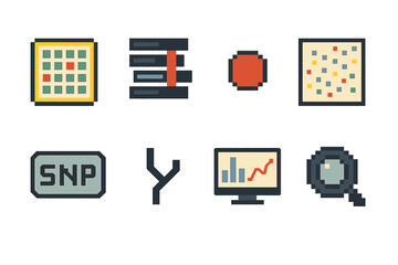 Genomic Icons Set. Genomic Analysis Suite pixel style set: sequencing chip, read alignment bars, variant marker dot, data cluster map, SNP tag, phylogenetic branch, analysis