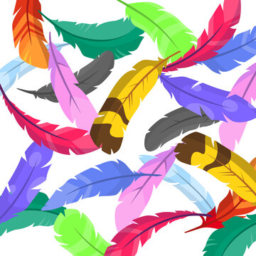 A pattern of multicolored feathers on a white background