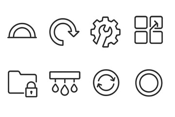 Digital Workflow Icons. Resilient Digital Workflow linear set: stability arc, rollback arrow, repair cog, restored sequence tile, safeguarded folder, clean process strip, sync node