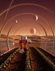 Astronauts plant trees.