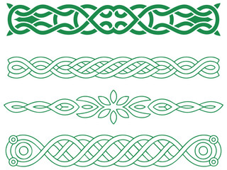 Collection of traditional green celtic knot and interwoven ornamental border designs