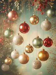 Assortment of christmas ornaments hanging with festive decor