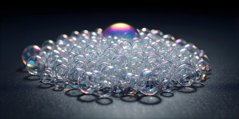 A cluster of delicate soap bubbles with iridescent colors rests on a dark mysterious surface