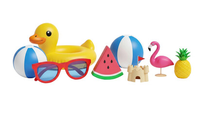 Group of colorful summer beach vacation items arranged, cut out, stock png, isolated on transparent background