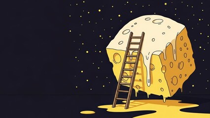 Fantasy illustration of a melting cheese moon in space with a ladder.