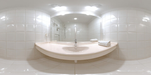 Modern white tiled bathroom interior with large mirror, sink, faucet, and neatly folded towels on countertop under bright ceiling lights