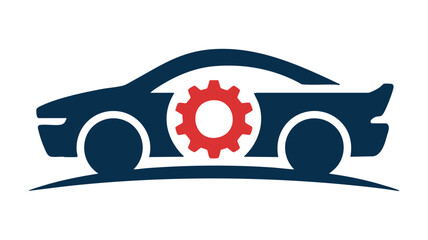 Blue car silhouette and red gear symbol representing automotive service and repair