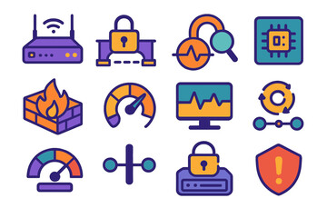Cyber Security Icons. Cyber-Resilient Industrial Systems flat set: hardened gateway hub, encrypted control path, anomaly detection arc, identity token chip, multi-layer firewall