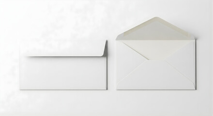 Two white envelopes arranged on simple background for mail, correspondence, invitations, or greetings