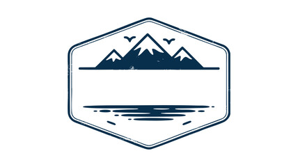 A minimal and retro hexagonal emblem featuring a mountain range above a reflective lake and flying birds.