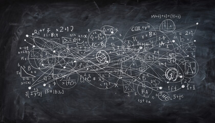 Chaotic and complex network of abstract math formula and science on blackboard. An overwhelming visual representation of difficult problem seeking creative solution