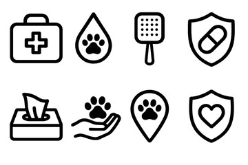 Pet Health Icons. Health and Protection Pet Icons linear set: first-aid kit, clean water droplet, grooming brush, safe medication symbol, vaccination tag, hygiene wipe, comfort
