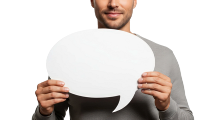 Man smiling and holding empty white speech bubble, cut out, stock png, isolated on transparent background