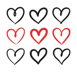 A collection of sketchy hand-drawn heart outlines in black and red on a white background