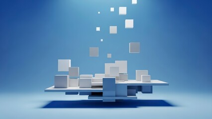 Abstract 3D render of floating cubes and platforms on a blue background.