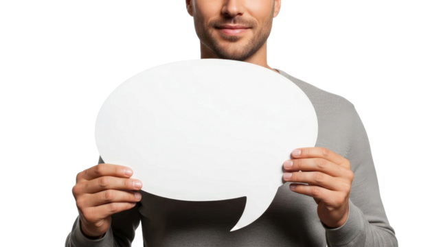 Man smiling and holding empty white speech bubble, cut out, stock png, isolated on transparent background - Powered by Adobe