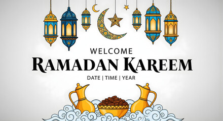 Welcome ramadan kareem with hanging lanterns and dates on clouds on a white background