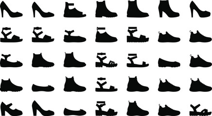 Women's fashion footwear silhouette vector set, including high heels, sandals, boots, flats, wedges, sneakers, for design, stock, print, and logo, on white background, black. (24 words)