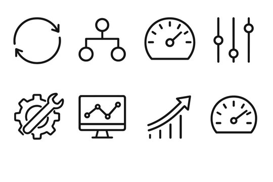 Tech Efficiency Icons. Optimization & Efficiency Models linear set: compute cycle loop, load balancer symbol, response time dial, concurrency lanes, performance tuning gear,