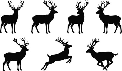 Collection of Majestic Wild Deer Silhouettes Vector Art Set, Including Stag, Buck, and Reindeer in Various Poses for Nature, Christmas, and Hunting Designs.