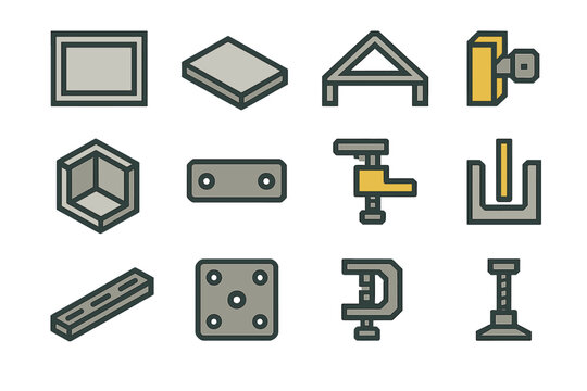 Modular Parts Icons. Modular Assembly Parts set of icons in flat pixel vector style: prefab wall panel, floor slab, roof truss, joint lock piece, corner module, frame connector,