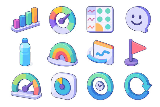 Colorful Health Tracker Icons. Personal Health Tracking Systems flat isometric set: symptom timeline bar, severity dial, pattern-recognition tile, mood log bubble, hydration