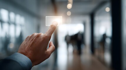 
A business professional's finger touches a glowing, blank rectangular box in mid-air against a blurred modern office background, symbolizing interaction with a virtual screen or interface.