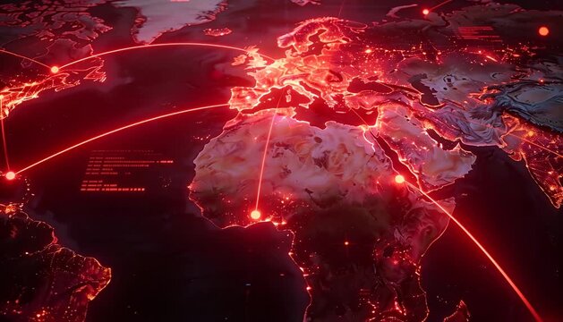 Global network connections glow with red light on world map, digital data links, communication pathways.
